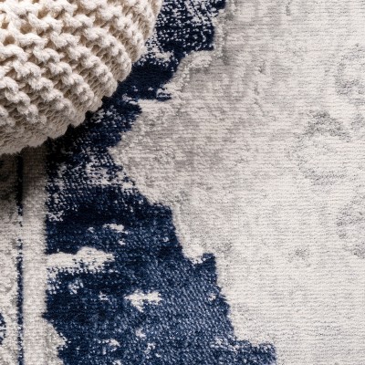 Ivory and Navy Synthetic Medallion Runner Rug