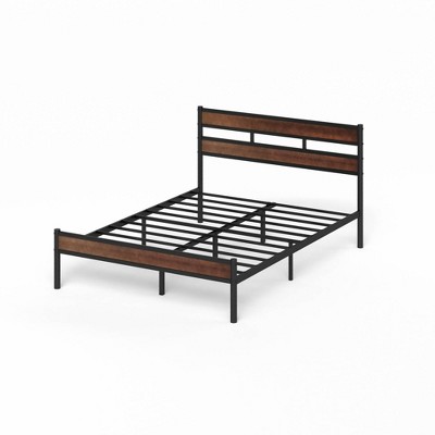 Queen Brown Bamboo and Black Metal Platform Bed Frame with Slatted Headboard