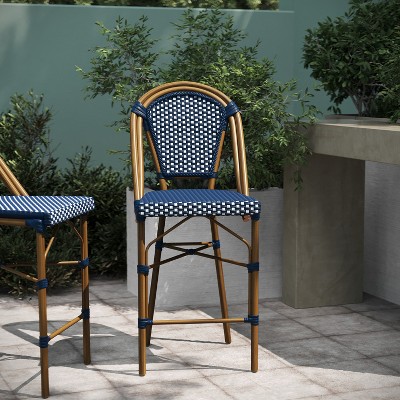 Navy and White PE Rattan Bistro Counter Stools with Bamboo Metal Frame, Set of Two