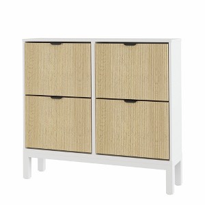CuisinSmart, Fluted Shoe Storage Cabinet with 4 Flip Drawers, Narrow Wooden Shoe Organizer with Metal Legs, Shoe Rack for Living Room, White + Oak - 1 of 4