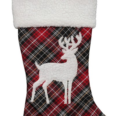 20" Black and Red Tartan Reindeer Christmas Stocking with White Cuff