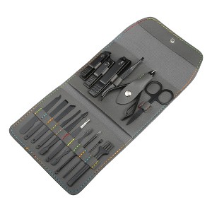 Unique Bargains Stainless Steel Pedicure Nail Clippers Scissors Tool Set for Men Women Black with Gray PU Leather 16pcs - 1 of 3