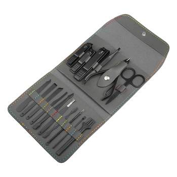 Unique Bargains Stainless Steel Pedicure Nail Clippers Scissors Tool Set for Men Women Black with Gray PU Leather 16pcs