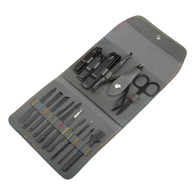 Unique Bargains Stainless Steel Pedicure Nail Clippers Scissors Tool Set for Men Women Black with Gray PU Leather 16pcs, 1 of 4