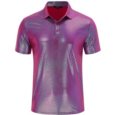 Men's 70s Disco Shirts Shiny Sequins Short Sleeve Party Shirt Slim Fit Nightclub Costume Tops
