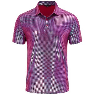 Men's 70s Disco Shirts Shiny Sequins Short Sleeve Party Shirt Slim Fit Nightclub Costume Tops - 1 of 4
