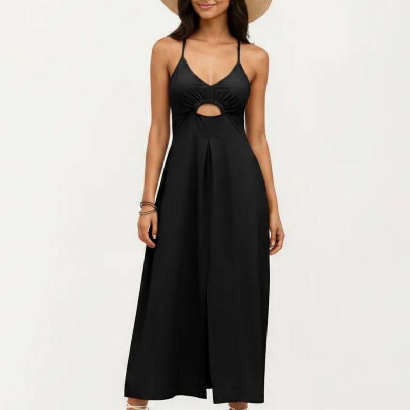 Anna-Kaci Women's Sleeveless Maxi Dress with Cutout Front and Smocked Back - Small, Black