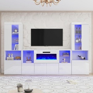 AMERLIFE Modern High Gloss TV Stand with 40" Fireplace, 2 X Bookcase with Doors & LED Light - 1 of 3