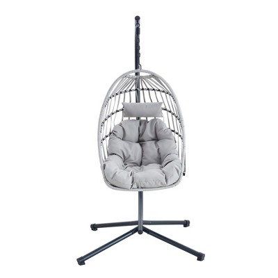 NAYSAYE Patio Swing Heavy Duty Iron Hanging Chair with Wicker Weave and Cushion for Garden and Balcony Relaxation, Light Gray, 36.61"*78.74"*50"