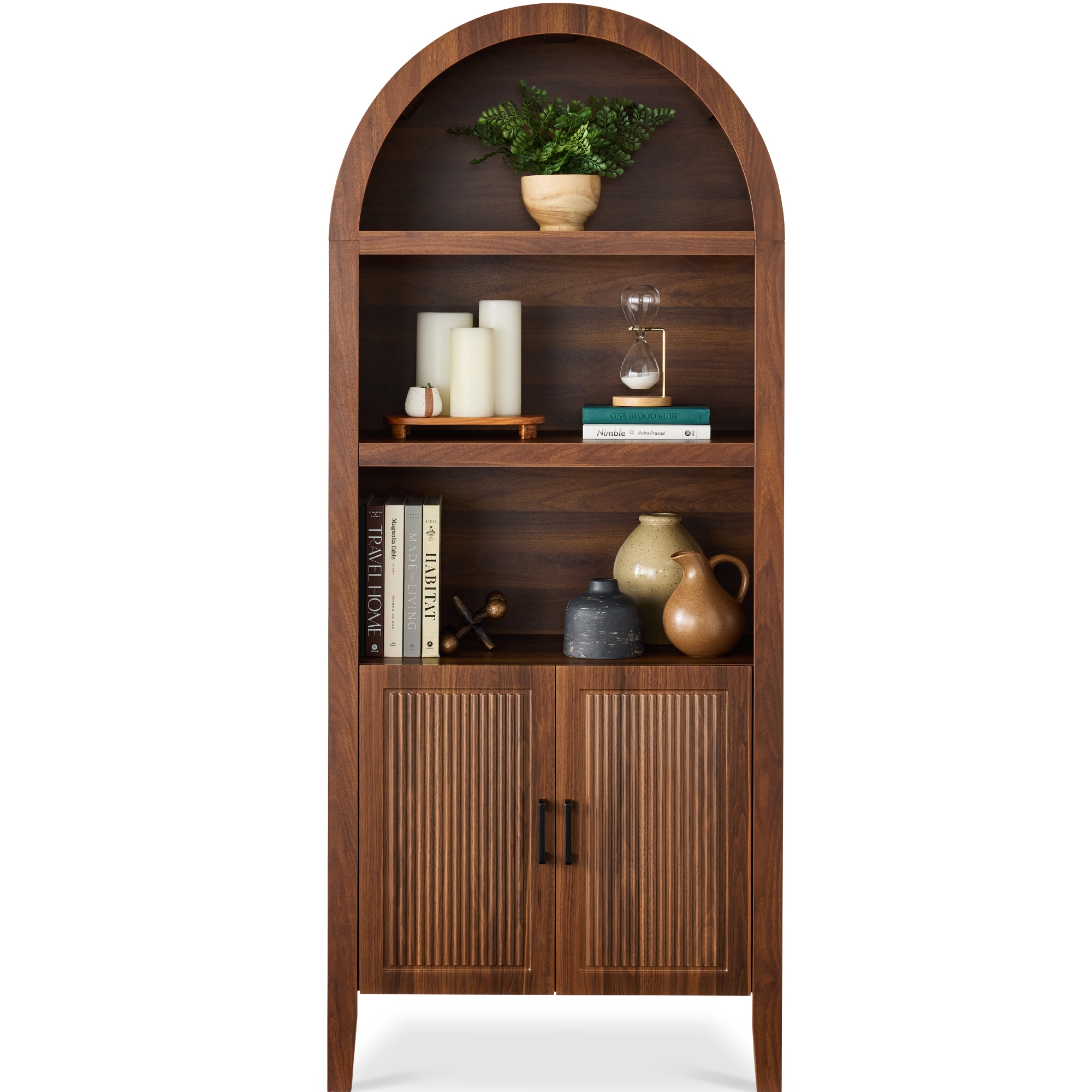 72in Tall Arched 5-Tier Bookshelf Storage Cabinet w/ Adjustable Shelves - Walnut