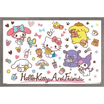 Trends International Hello Kitty and Friends: 25 Snack Time - Group Framed Wall Poster Prints Barnwood Framed Version 14.725" x 22.375"