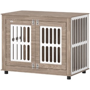 Skyzone 30 Inch Oak Dog Crate Furniture: Indoor Side Table with Rotating Bowls, Double Anti-Escape - 1 of 4
