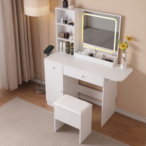 KWPZQEB Vanity Desk with Lighted Mirror & Power Outlet, Makeup Vanity Desk with 2 Drawers, Large Storage Cabinet & Storage Stool for Bedroom, White - 1 of 4