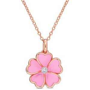 EVERLY JEWELRY | Yellow Plated Sterling Silver 1/10ct TGW White Topaz Pink Enamel Plated Flower Pendant with Chain, 17 inc - 1 of 4