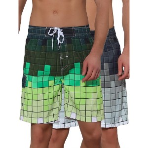 Lars Amadeus Men's Hawaiian Drawstring Waist Color Block Plaid Board Shorts 2 Packs - 1 of 4