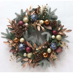 24 Inch Pre-Lit Christmas Wreaths for Front Door, Holiday Xmas Wreath with Battery Operated Lights, Pine Cones, Berries, Ball Ornaments, Leaves - 1 of 4