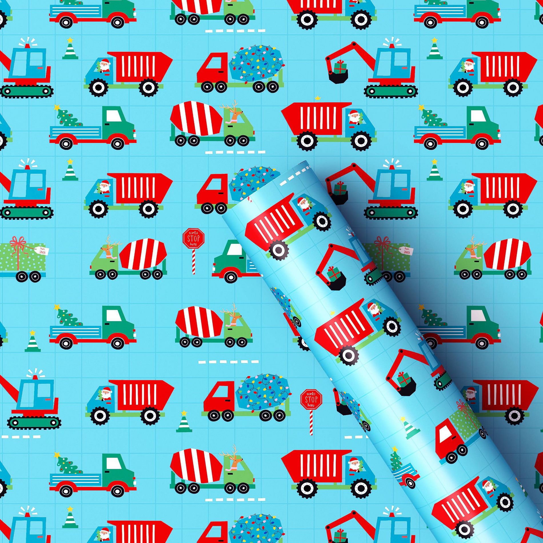 30" 50 sq ft Christmas Roll Wrap Trucks on Blue  - Wondershop™