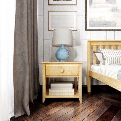 Natural Pine Wood Nightstand with Drawer and Shelf