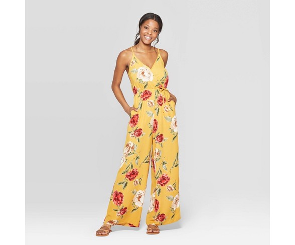 Womens Floral Print Deep V Neck Strappy Wrap Front Jumpsuit