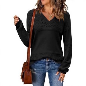 Clearlove Womens 2025 Fall Sweaters Long Sleeve Ribbed Knit Pullover V Neck Lightweight Crochet Top - 1 of 4