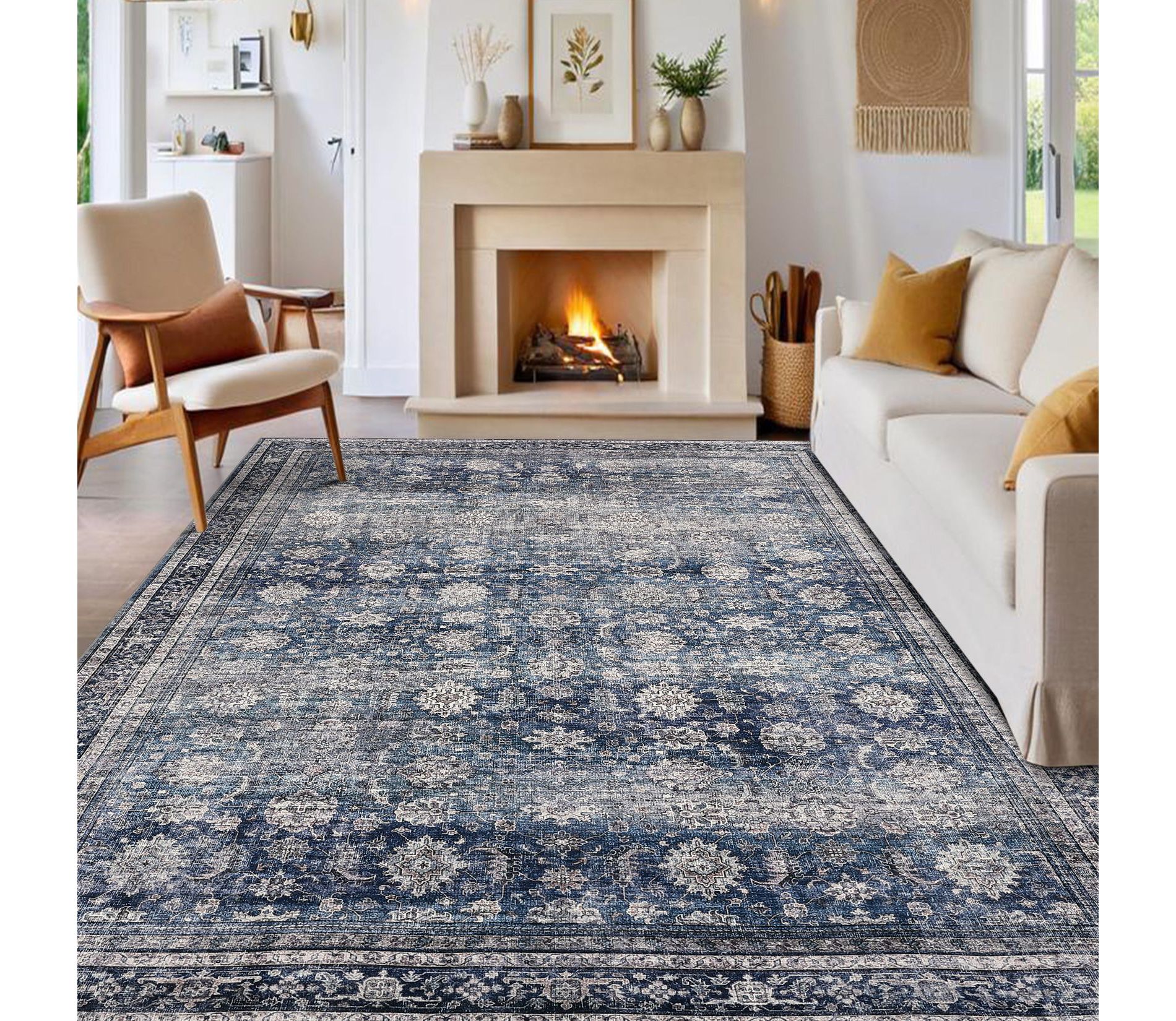 Machine Washable Living Room Rugs 8x10 Large Vintage Flower Printed Accent Carpet with Non-Slip Backing, Stain-Resistant Low Pile Floor Mat