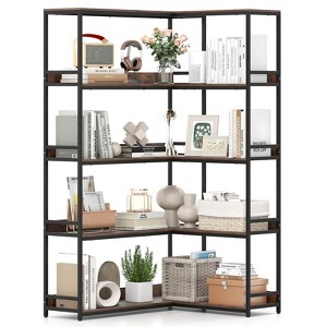 Costway Corner Bookshelf 5-Tier L-Shaped Bookcase 71" Tall Etagere Bookshelf with Metal Frame Brown/Gray - 1 of 4