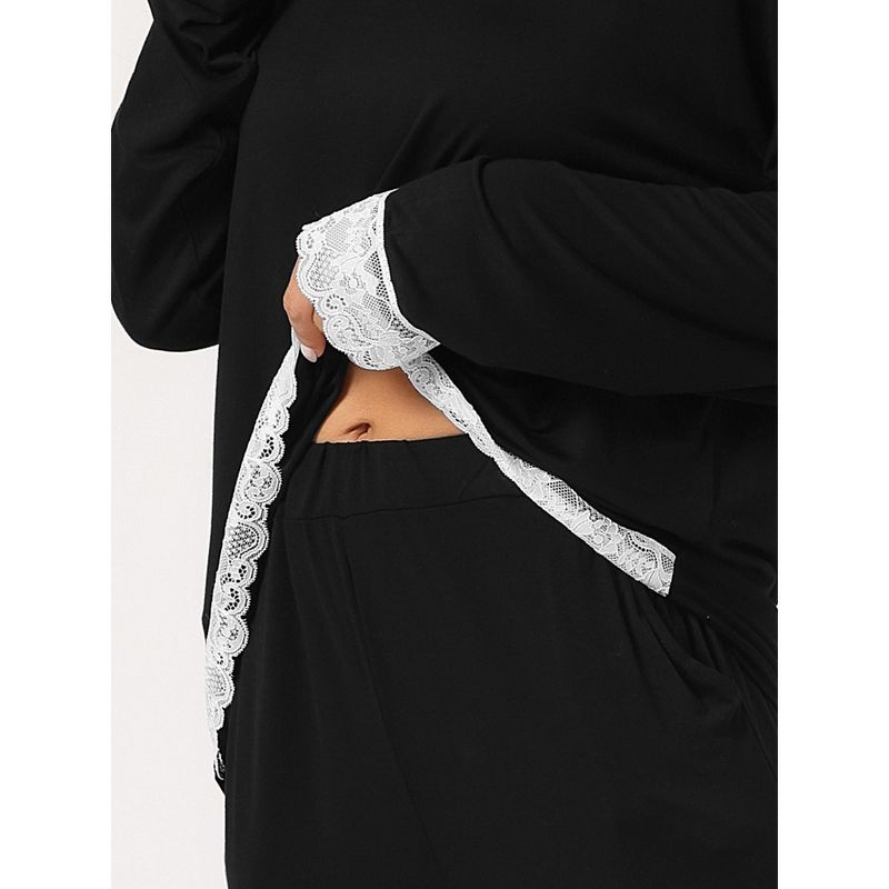 cheibear Women's Soft Lace Trim Knit Stretchy Long Sleeve Sleepwear Pajama Set, 4 of 6