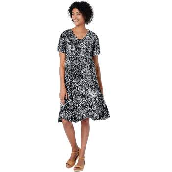Woman Within Women's Plus Size Short Crinkle Dress - 18 W, Black Ikat