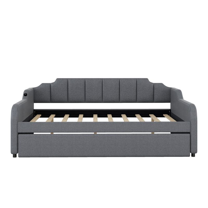 Full Size Upholstery Daybed with Adjustable Trundle Bed and USB Port, Gray-ModernLuxe, 5 of 12