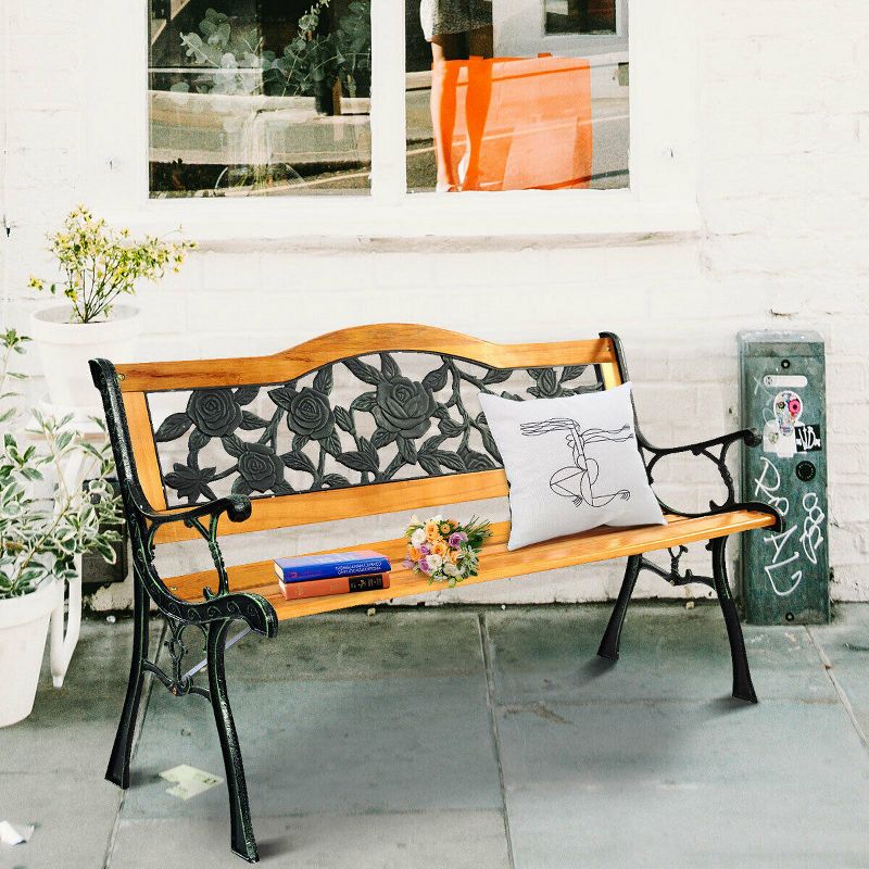 Patio Park Garden Metal Bench Porch Path Chair Furniture Cast Iron Hardwood, 3 of 11