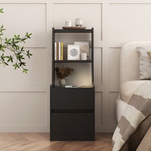 FONTOI Nightstand with Charging Station, Smart Nightstand with Bookshelf, Bedside Tables with Storage Cabinet for Bedroom, Black, 15.74"*41.14"*15.74" - 1 of 4