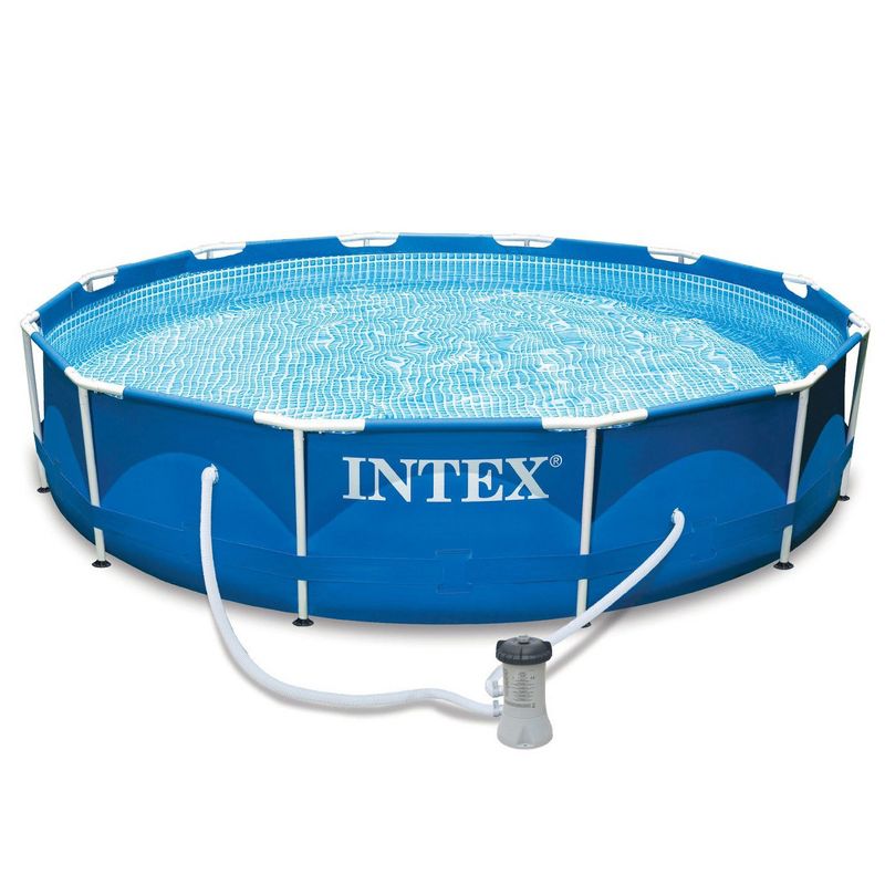 Intex 12 Foot x 30 Inch Round Metal Frame Above Ground Outdoor Swimming Pool Set with Filter Pump and Easy Set Round Vinyl Pool Cover, Blue, 3 of 8