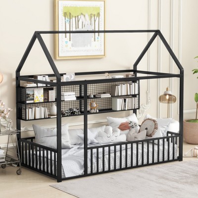 Twin/Full Size Metal Platform Bed House Bed Frame with Fence and Shelves, White/Black/Pink-ModernLuxe