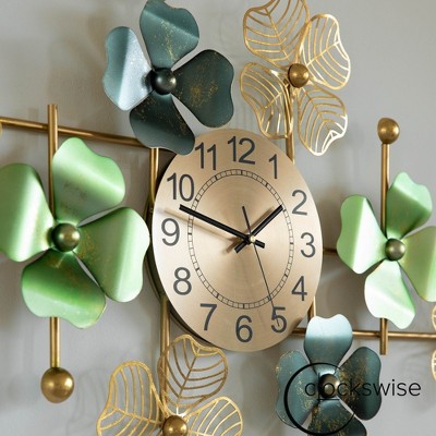 Oversized Gold and Green Metal Leaf Art Wall Clock