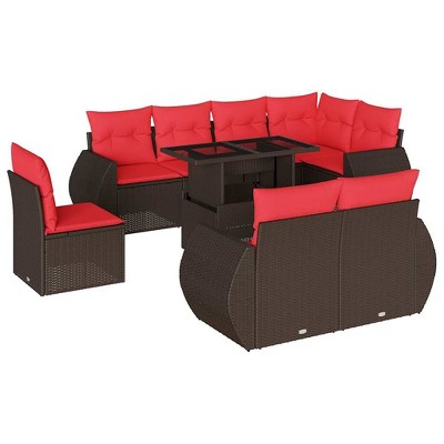 vidaXL 9 Piece Garden Sofa Set with Cushions and Table - Brown