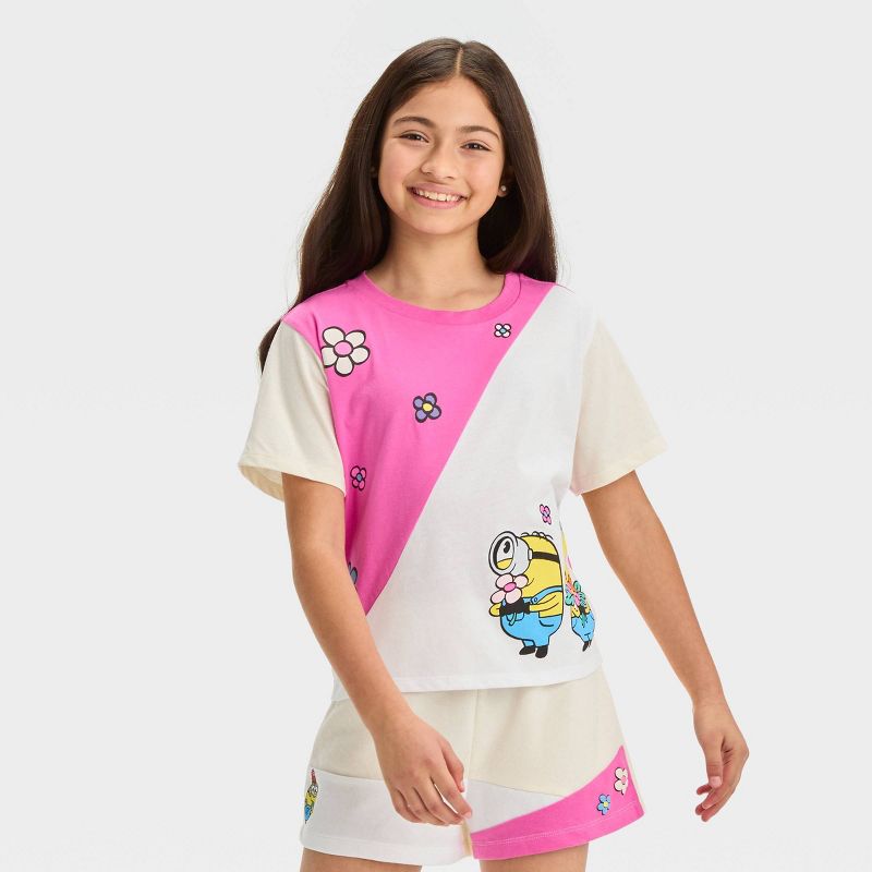 Girls&#39; Minions 2pc Top and Bottom Shorts Set - Ivory/White/Pink, 3 of 5