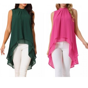 INSPIRE CHIC Women's Casual Tie Back Asymmetrical High Low Sleeveless Mock Neck Flowy Blouse 2 Packs - 1 of 4