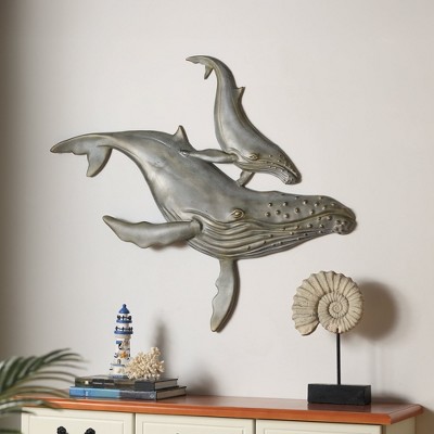 SPI Home First Surfacing Wall Plaque – 37" Wide Aluminum Humpback Whale and Calf Ocean-Inspired Wall Art