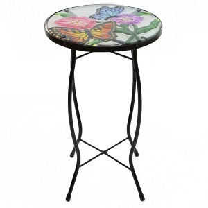 Northlight 19" Floral and Butterfly Glass Patio Side Table - 1 of 4