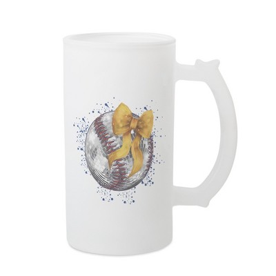 Elanze Designs Freezable Beer Stein Mug With Thumb Grip Handle, 16 Ounce Frosted Glass, Baseball With Gold Bow