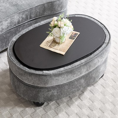 Oval Storage Ottoman with Removable Tray, Multifunctional Chenille Upholstered Storage Coffee Table - ModernLuxe