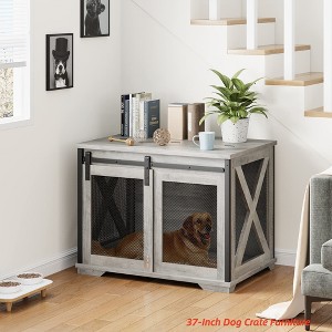 Dog Crate Furniture w/ Sliding Barn Door,37''Dog Cage Furniture,Wooden Dog Kennel End Table w/ Detachable Divider Indoor Puppy Kennel - 1 of 4