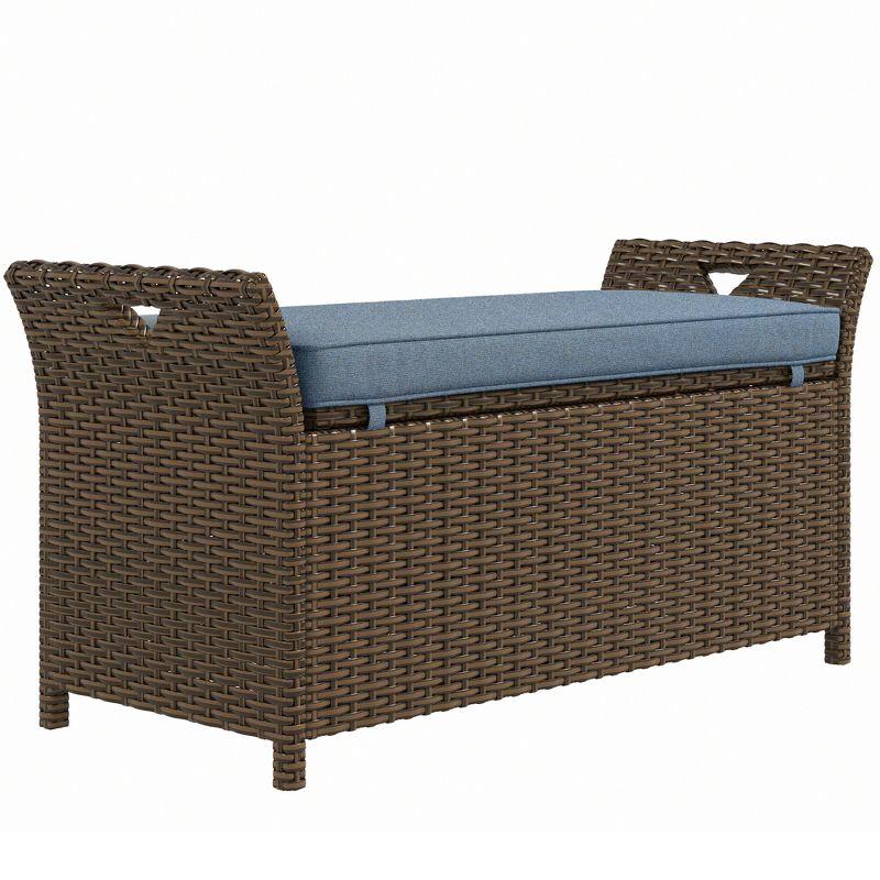 Outsunny Outdoor PE Rattan Two-In-One Storage Bench, Patio Wicker Large Capacity Footstool Rectangle Basket Box w/ Handles & Cushion, 1 of 8
