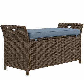 Outsunny Outdoor PE Rattan Two-In-One Storage Bench, Patio Wicker Large Capacity Footstool Rectangle Basket Box w/ Handles & Cushion