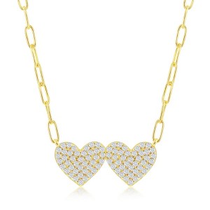 Bella Silver Sterling Silver Double Heart CZ Paperclip Necklace - Gold Plated - Gold - 16+2 Inch - 1 of 2