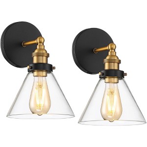 360 Lighting Burke Industrial Wall Light Sconces Set of 2 Black and Brass Hardwire 7 1/4" Fixture Clear Glass for Bathroom Hallway - 1 of 4