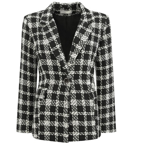 INSPIRE CHIC Women's Plaid Tweed Notched Lapel Long Sleeve One Button Suit Blazer Black Small