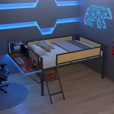 ALEXOUN Black Metal Bed Frame Gaming Loft Bed with Desk and Woven Rattan Guard Rails,Hanging Storage Compartment,for Apartments