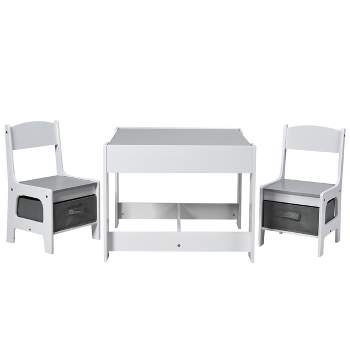 Costway Kids Table Chairs Set With Storage Boxes Blackboard Whiteboard Drawing GreyNature