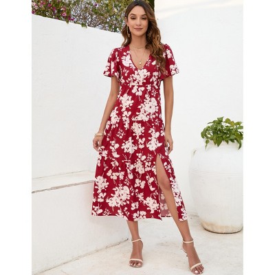 Womens Dress Elegant Short Sleeve V Neck Floral Split A-Line Maxi Dress